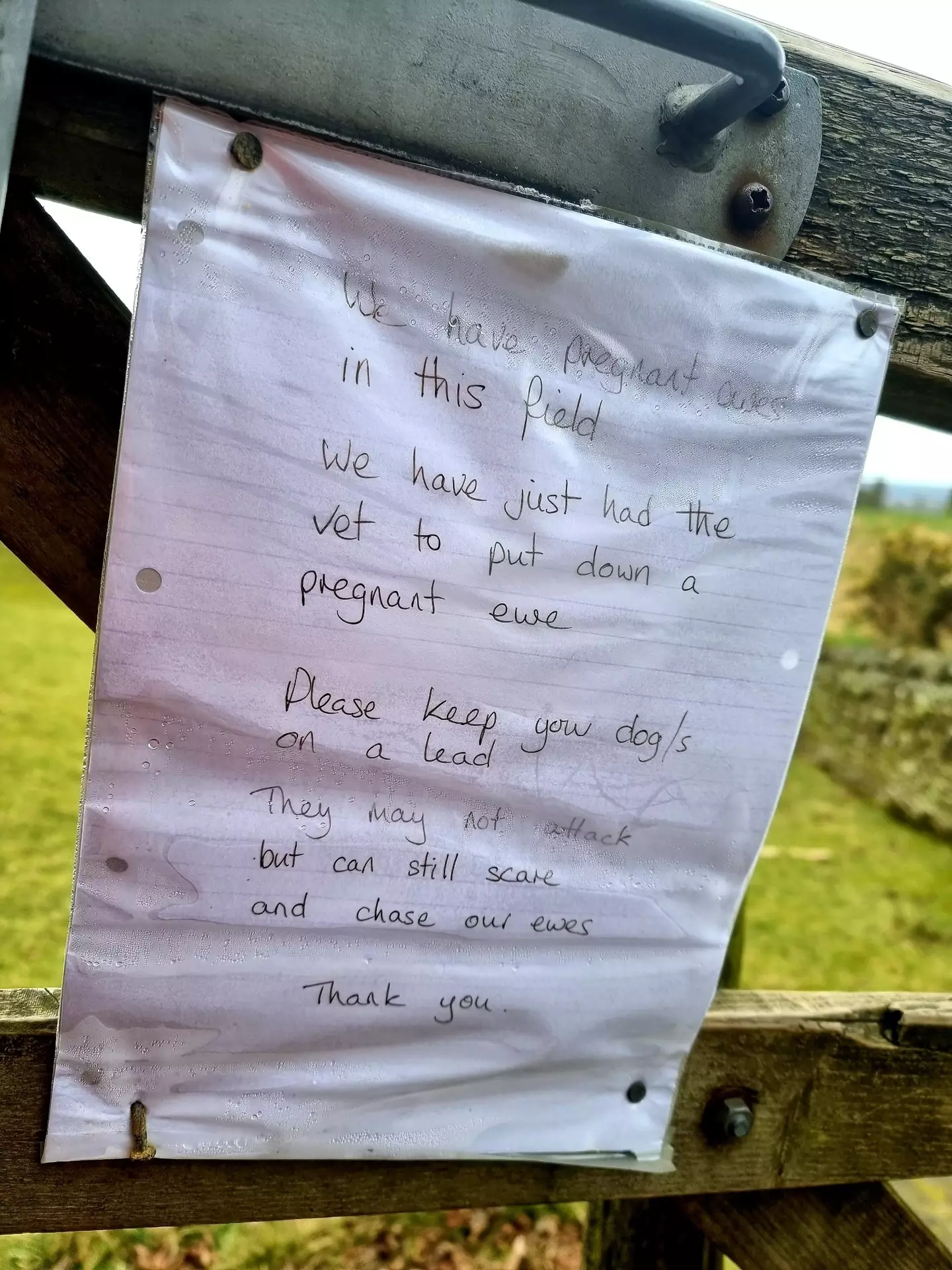 The note from a farmer to dog walkers.