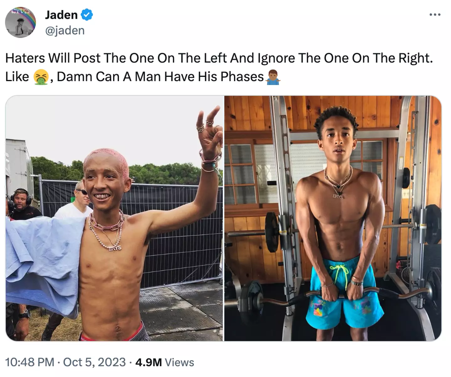 Jaden Smith called out the 'haters' sharing old photos.