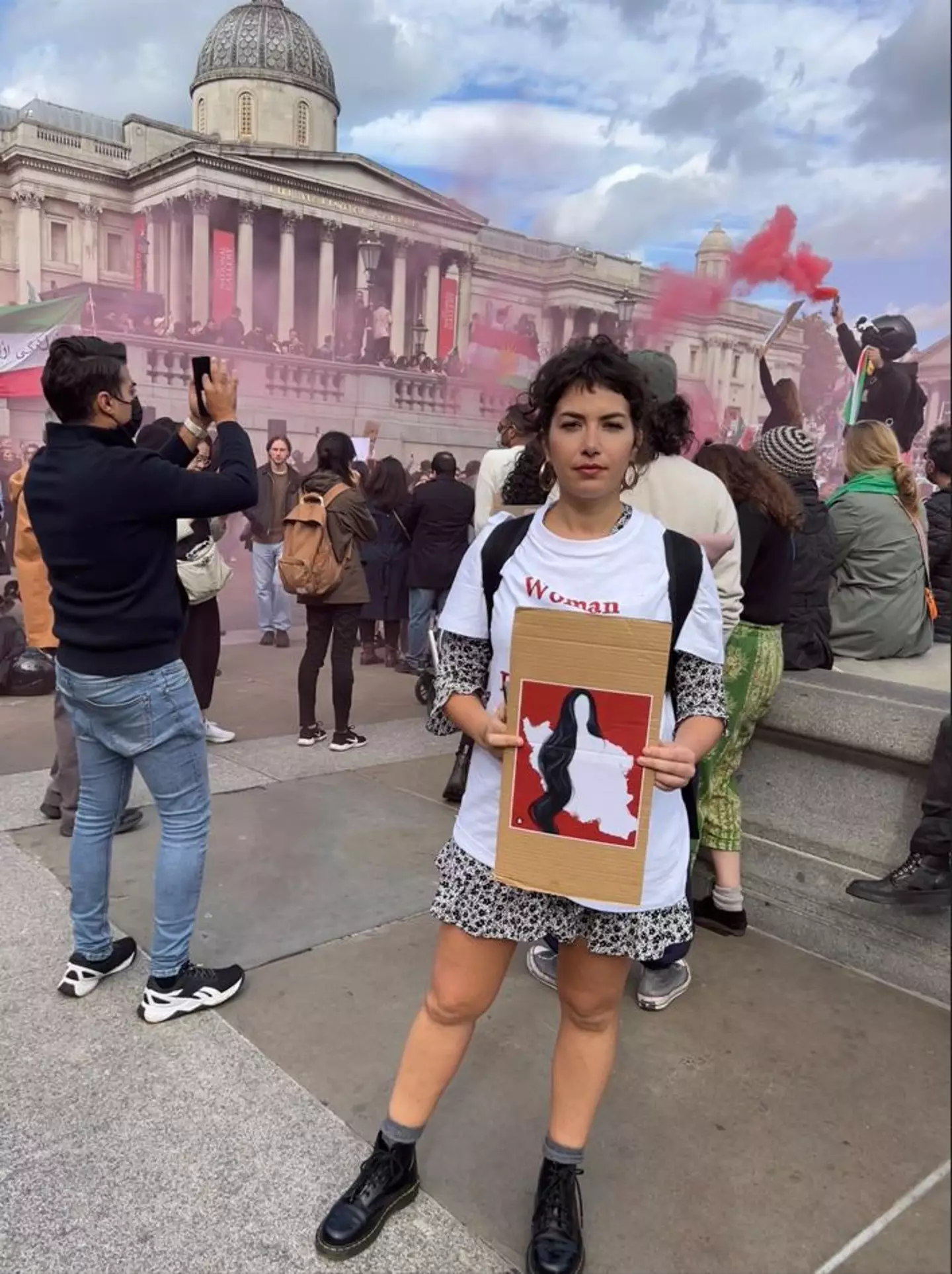 Sahar pictured in London earlier this month, protesting the death of Mahsa Amini.