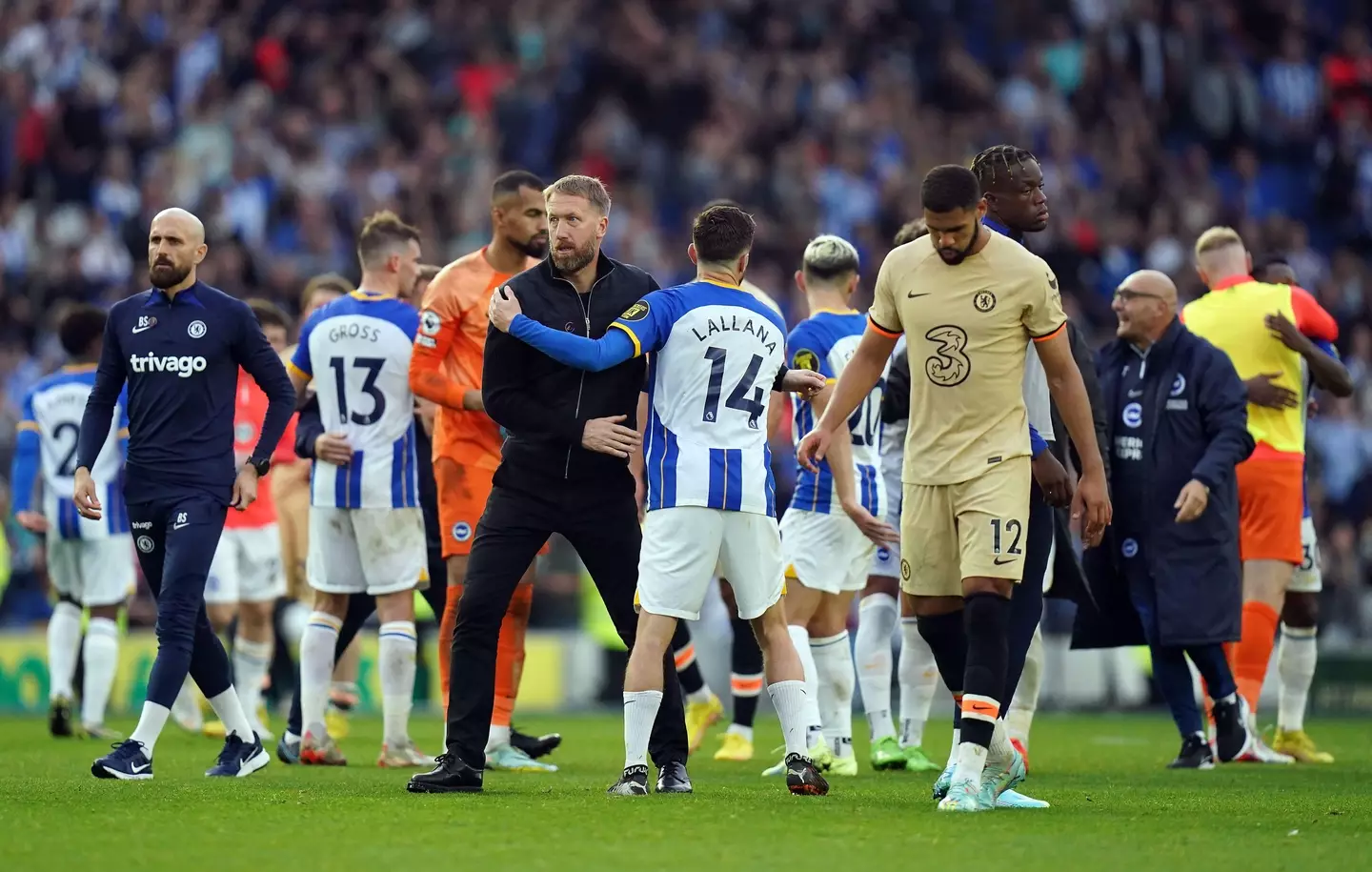 Chelsea manager Graham Potter and Brighton and Hove Albion's Adam Lallana after the Premier League match at the Amex Stadium. (Alamy)