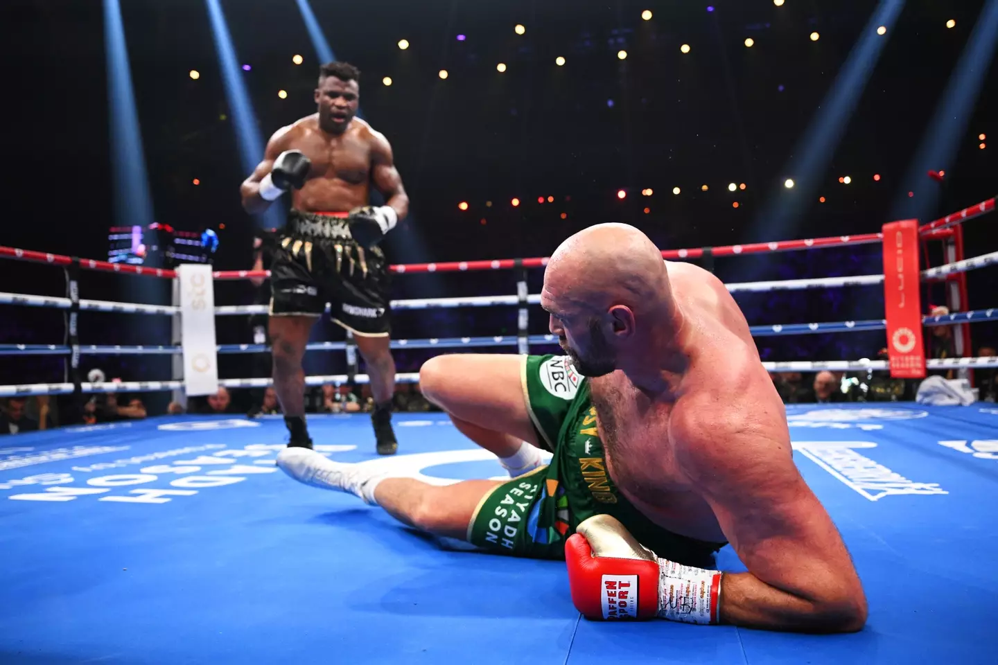 Francis Ngannou drops Tyson Fury. Image: Getty