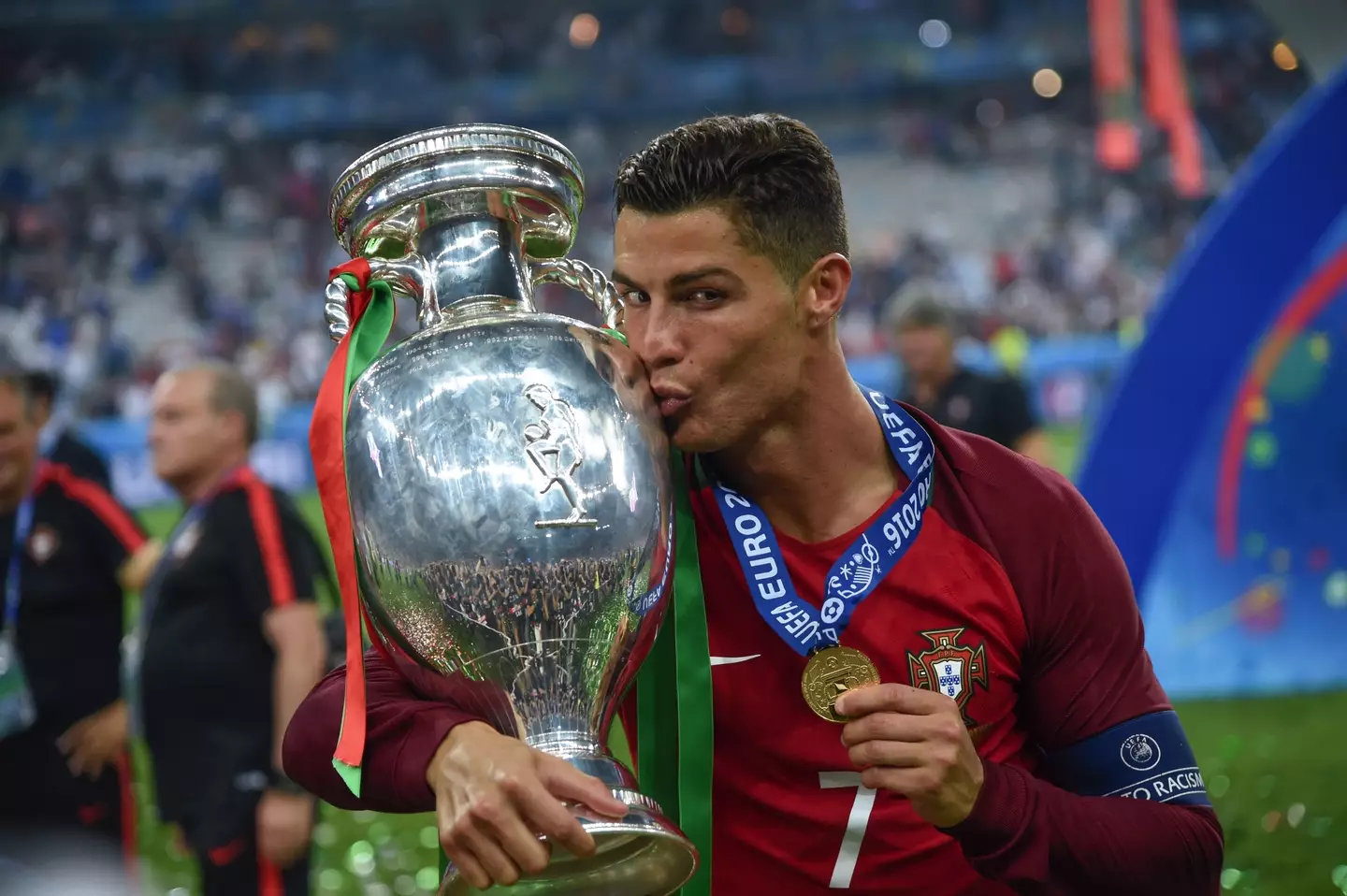Cristiano Ronaldo with the European Championship trophy after Portugal’s win over France in the 2016 final.