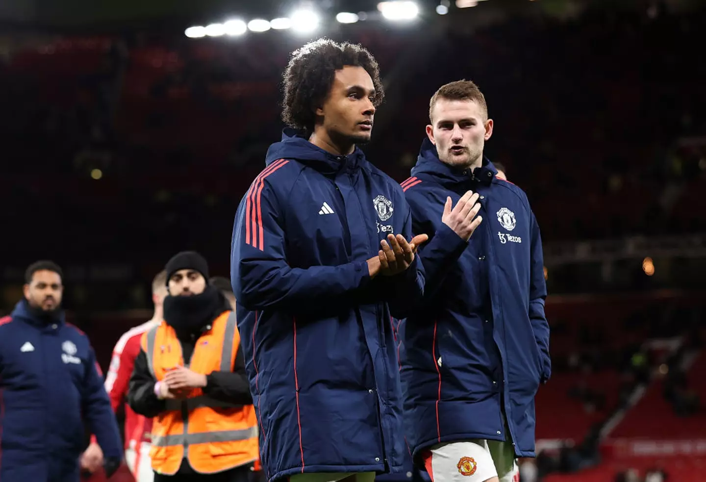 Joshua Zirkzee and team-mate Matthijs de Ligt pictured after Man Utd's 2-0 defeat to Newcastle (Image: Getty)
