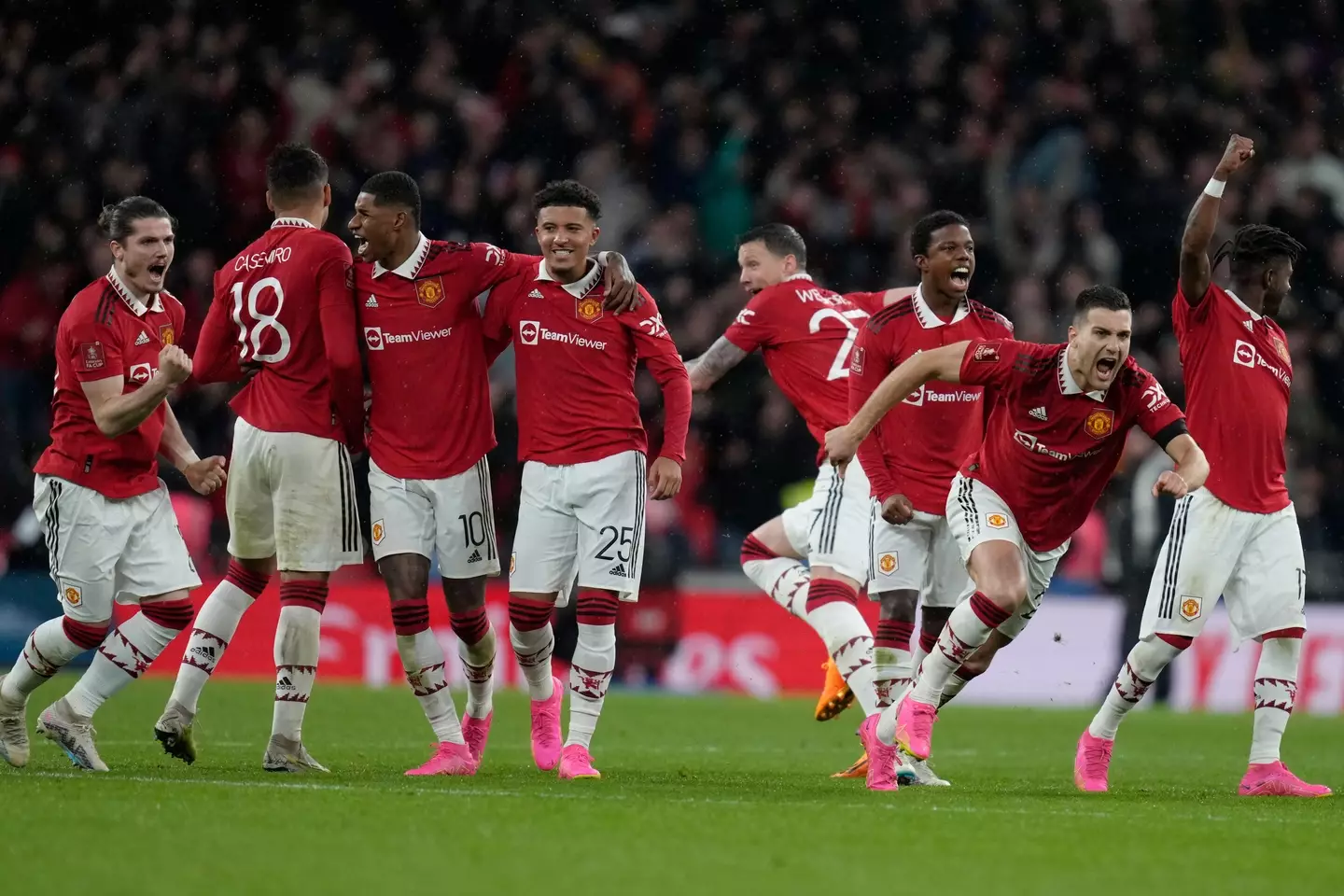 United players celebrate beating Brighton. Image: Alamy