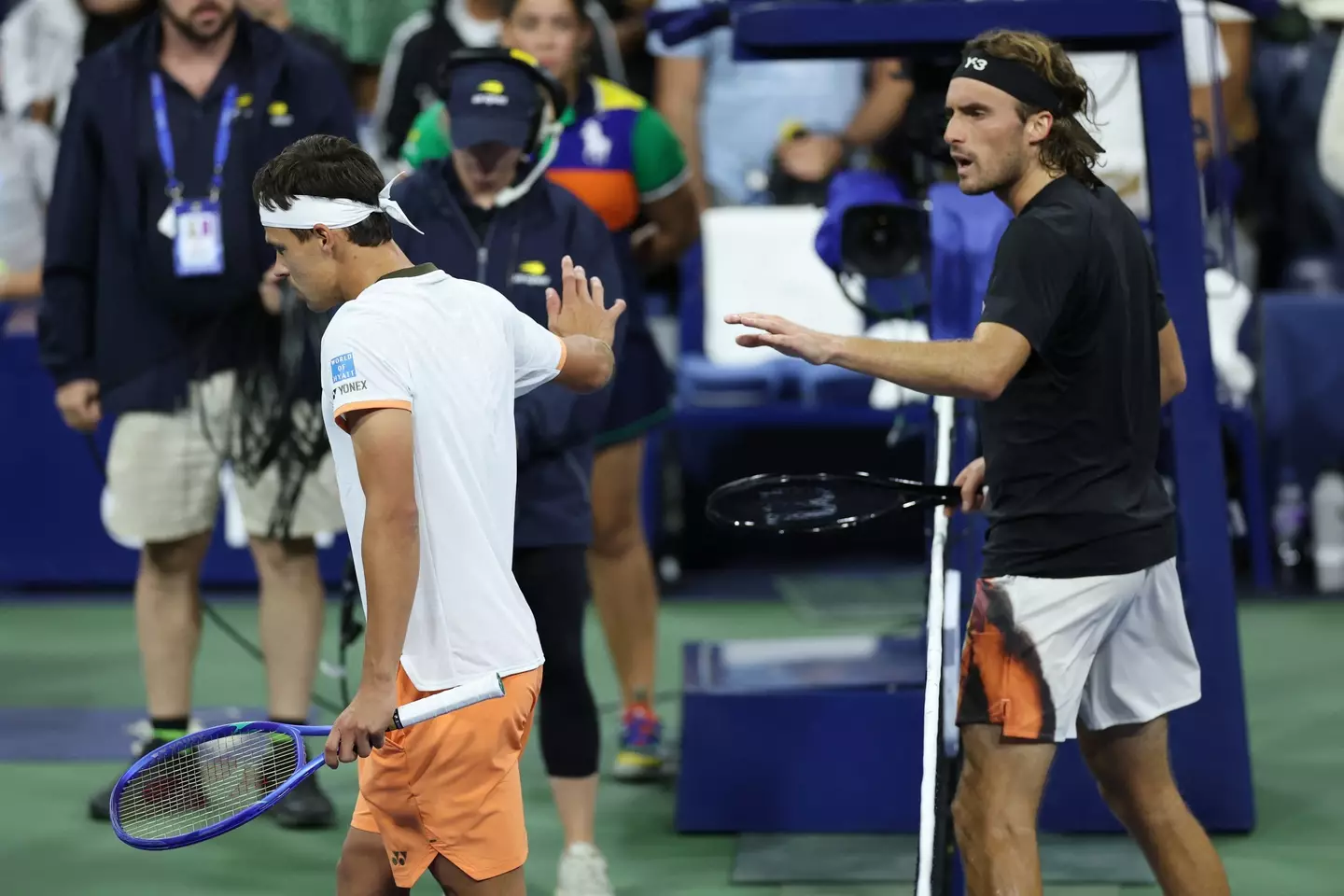 Stefanos Tsitsipas and Daniel Altmaier exchanged words at the net. Image: Getty