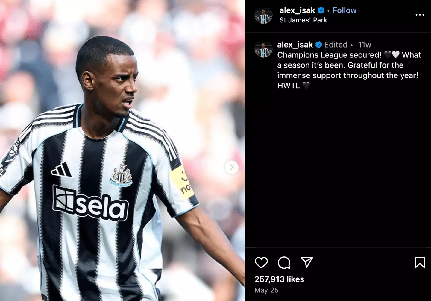 Isak hasn't posted to social media since May 25 - at the end of the 2024/25 season (Image: Instagram/@alex_isak)