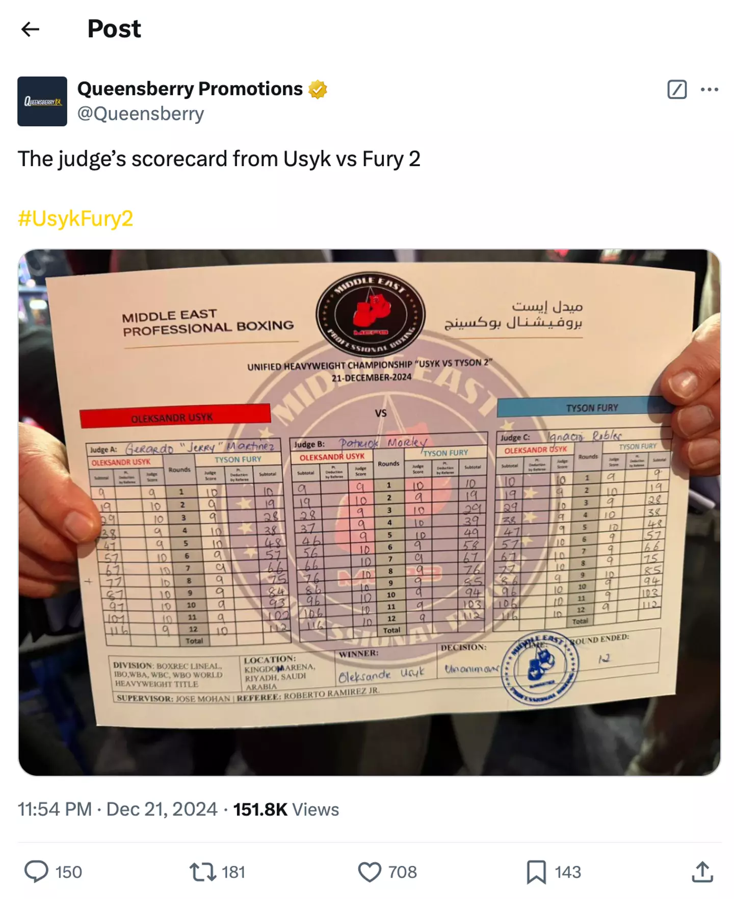 Official scorecards from Oleksandr Usyk vs Tyson Fury 2. Image: X/@Queensberry