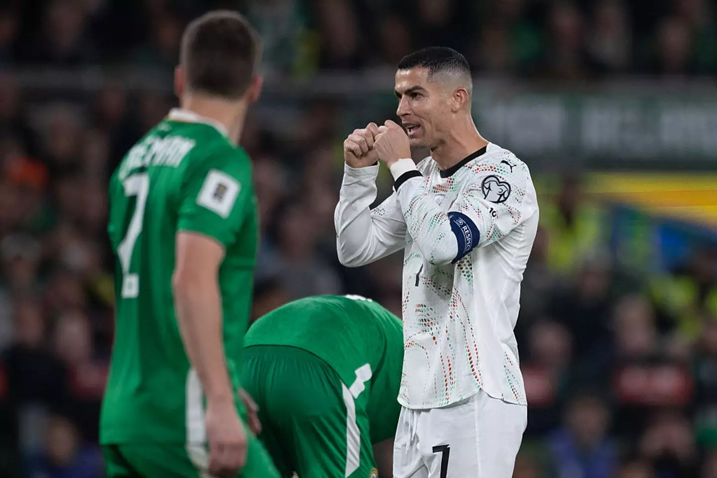 Ronaldo received the first red card of his Portugal career following the clash with Dara O'Shea. (Image: Tim Clayton/Getty Images)