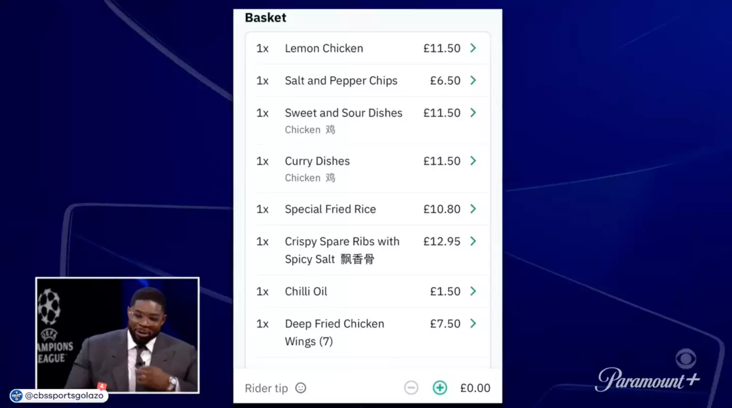 Micah Richards dinner order was shown live on CBS Sports. (Image: CBS Sports Golazo)