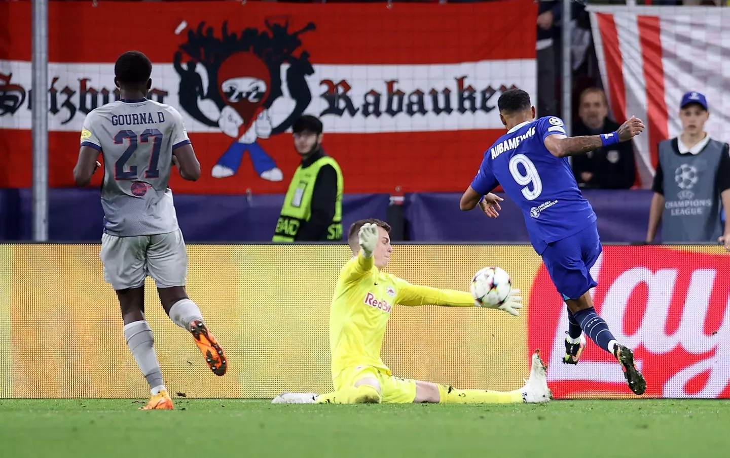 Chelsea's Pierre-Emerick Aubameyang (right) attempts a shot on goal during the UEFA Champions League group E match at the Red Bull Arena in Salzburg. (Alamy)