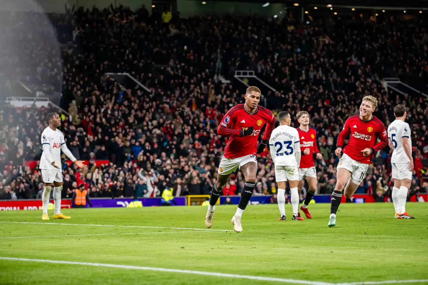 Marcus Rashford wheels away in celebration after scoring against Tottenham. Image: Getty