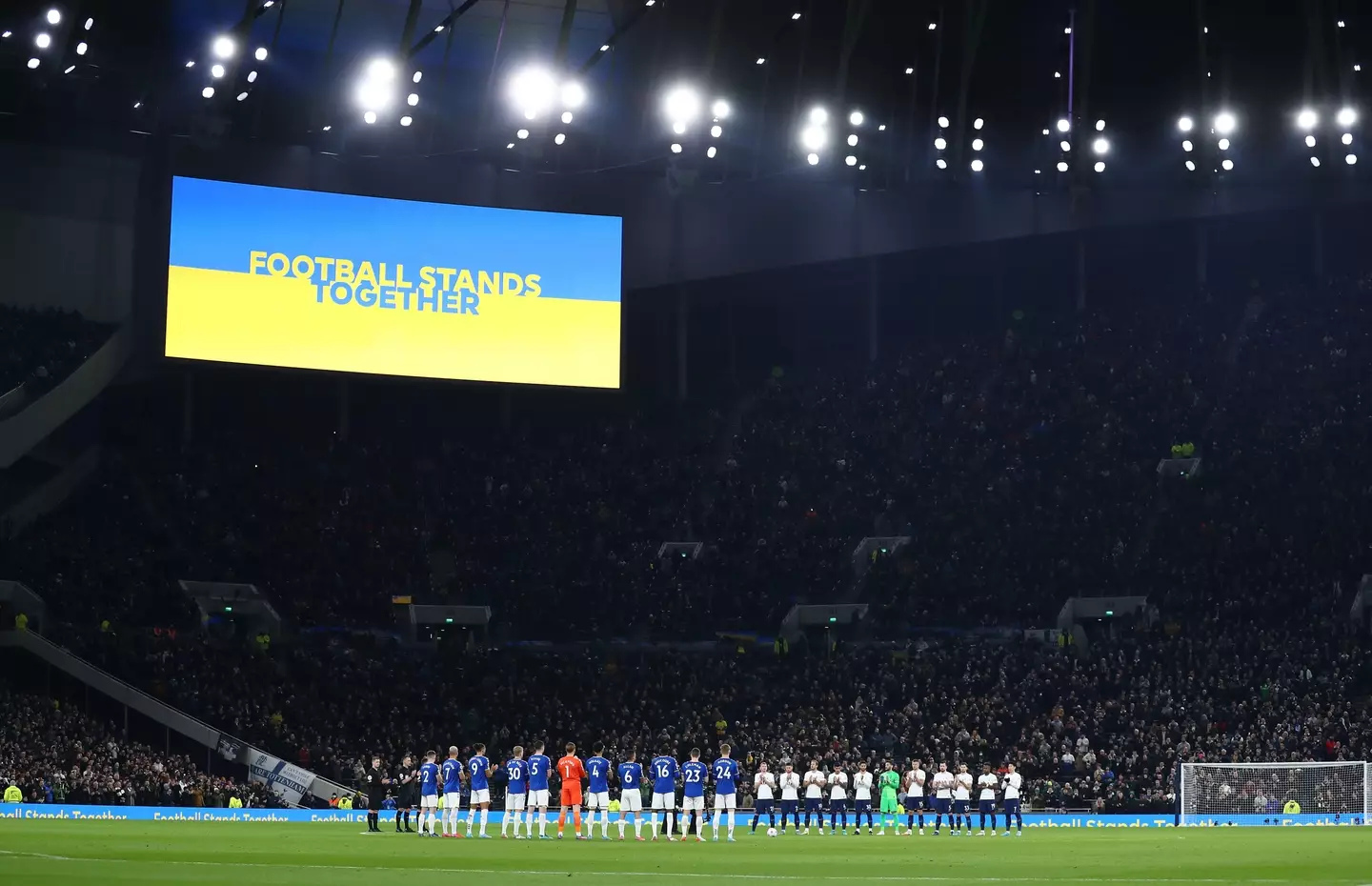 The 'Football Stands Together' sign displayed during Spurs win against Everton on Monday. Image: PA Images
