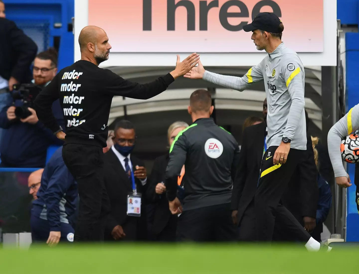 Thomas Tuchel and Pep Guardiola shake hands at the end of the match. (Alamy)