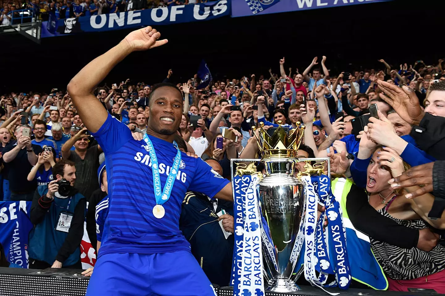 Drogba pictured celebrating Chelsea's 2010 Premier League title win. (Credit Getty)