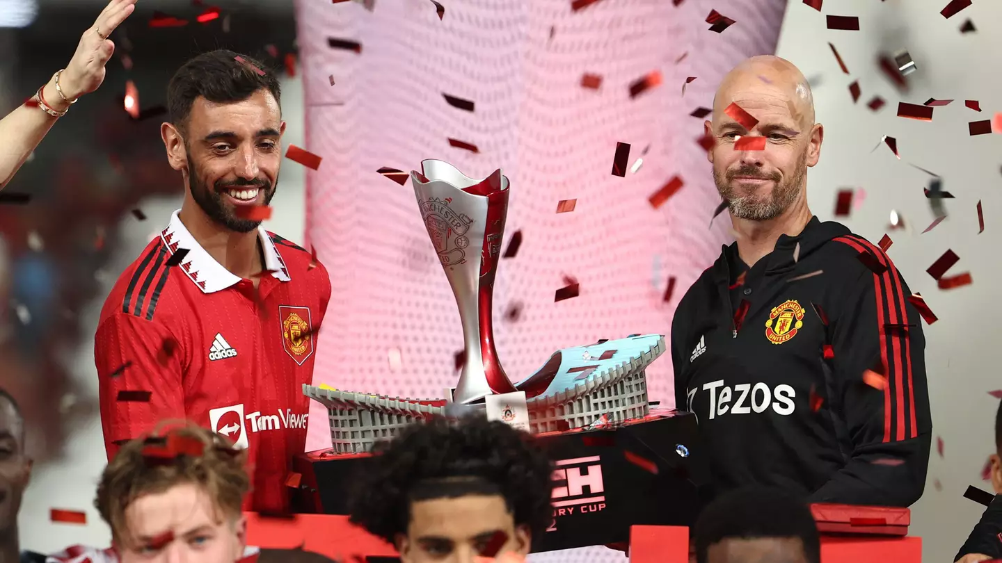 Bruno Fernandes and Erik ten Hag celebrate beating Liverpool in pre-season. (Alamy)