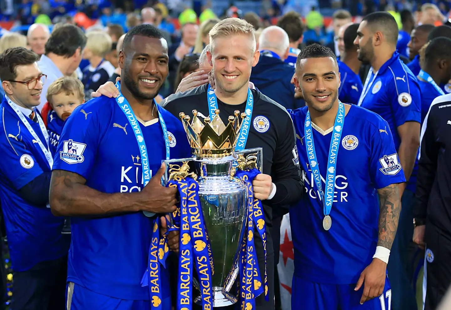 Simpson, along with Leicester teammates, celebrate with the trophy. Image: Alamy