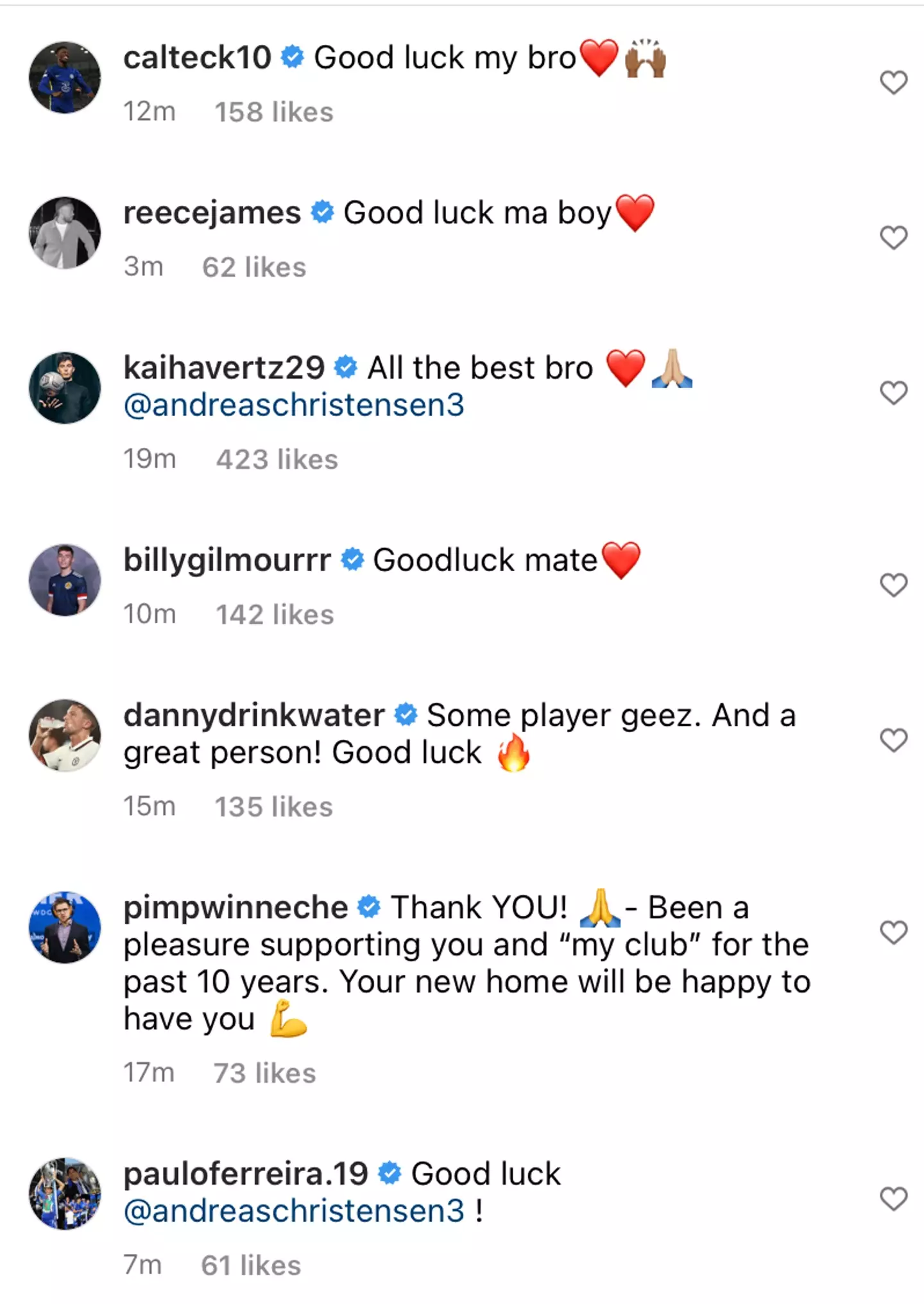 Several Chelsea players wished Andreas Christensen well for the future. (Instagram)