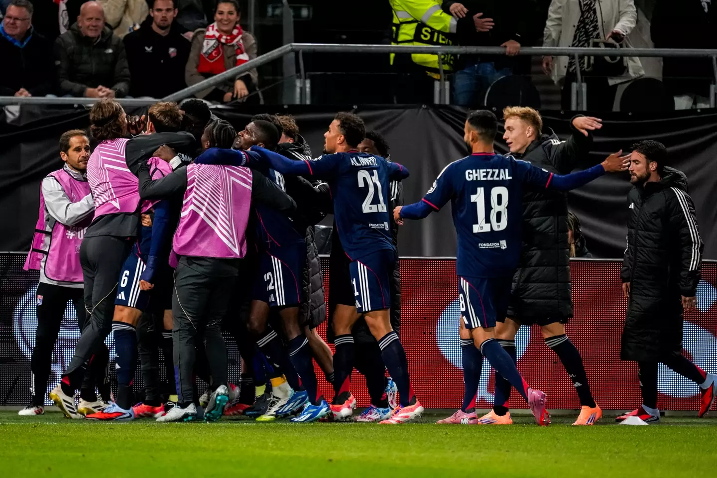 Lyon players celebrate Tanner Tessmann's winner against Utrecht. Image credit: Getty