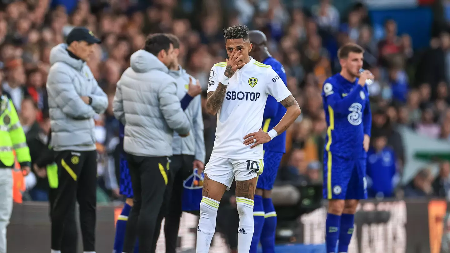 Raphinha #10 of Leeds United during a break in play. (Alamy)