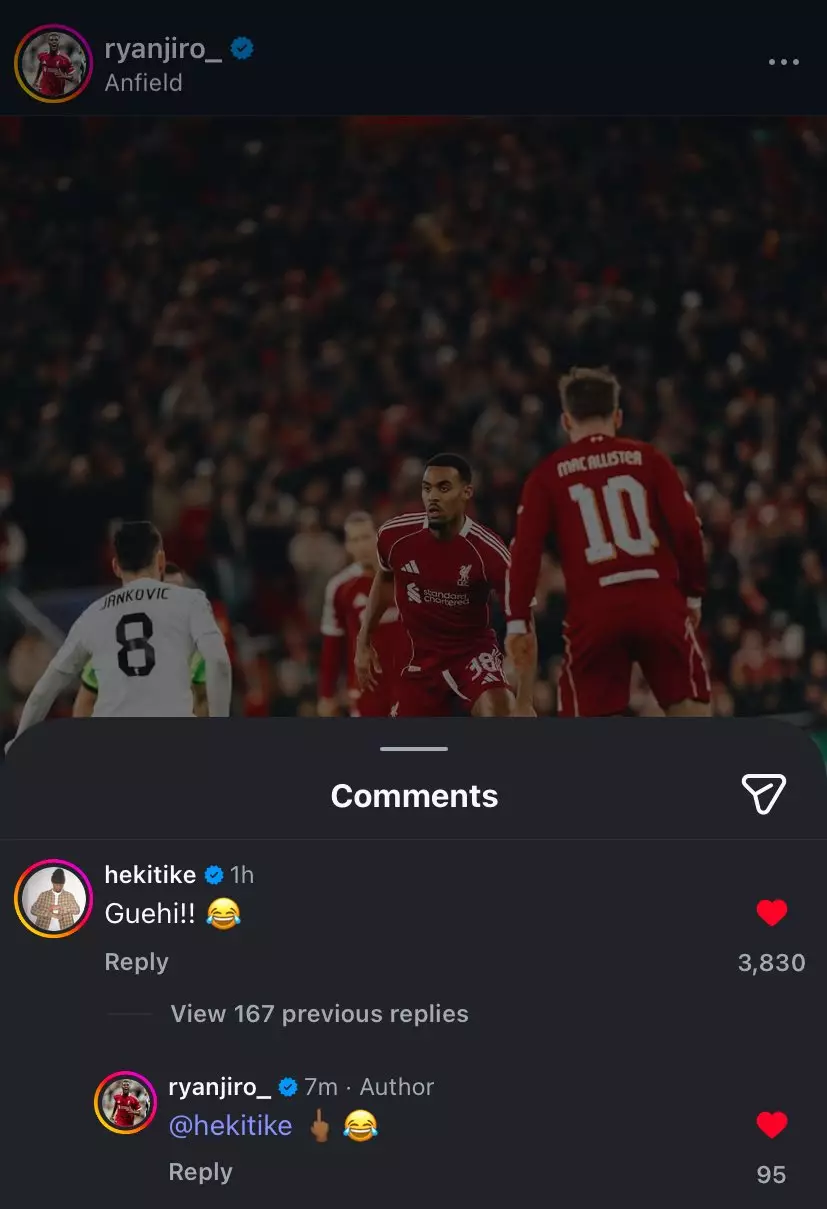 Ekitike left the 'Guehi' comment on Gravenberch's latest Instagram post. Image credit: Instagram