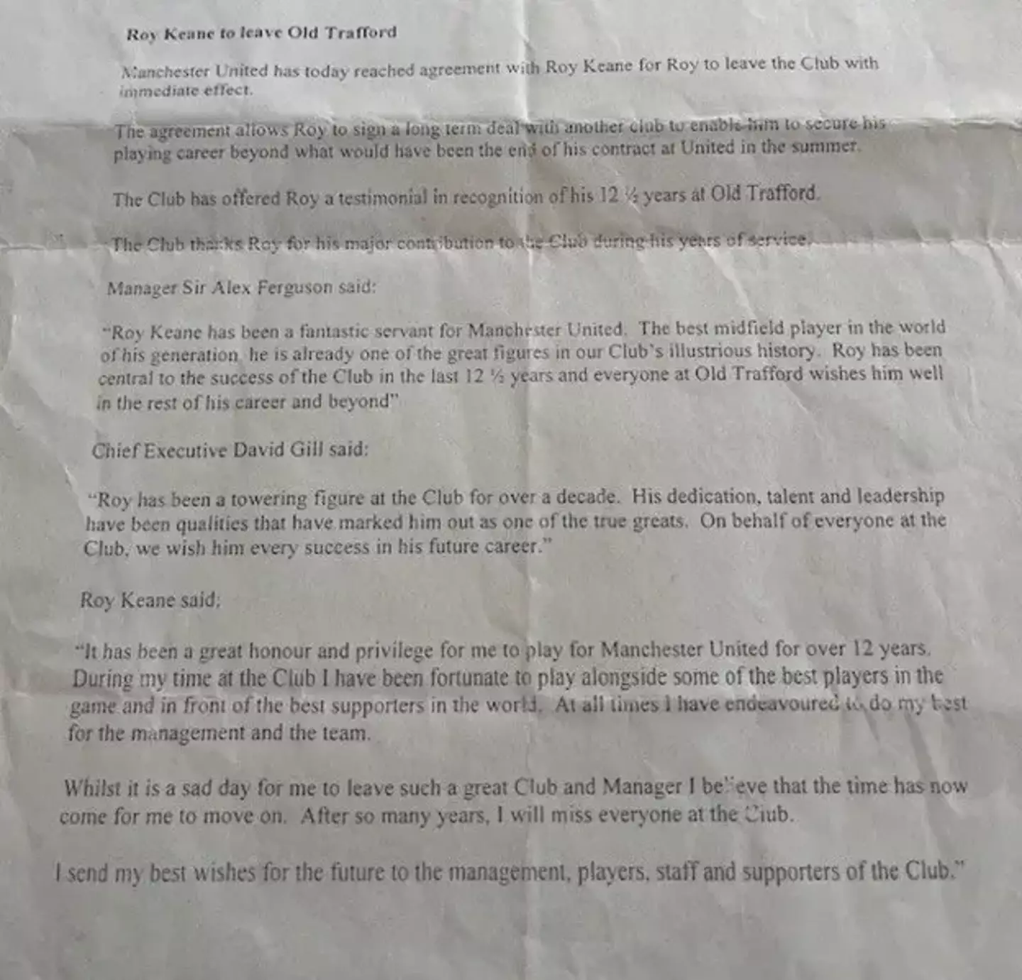 The press release received by reporters when Roy Keane left Man Utd (Credit:BBC Sport)