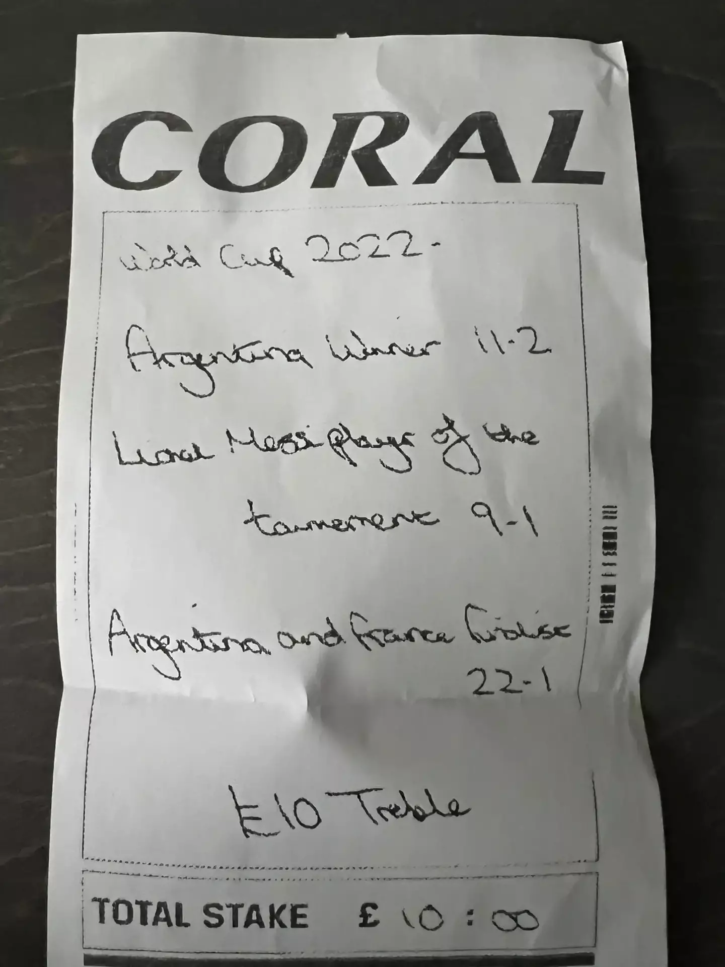 The betting slip Liam expected would take him from £10 to nearly £15,000, only it didn't pay out.