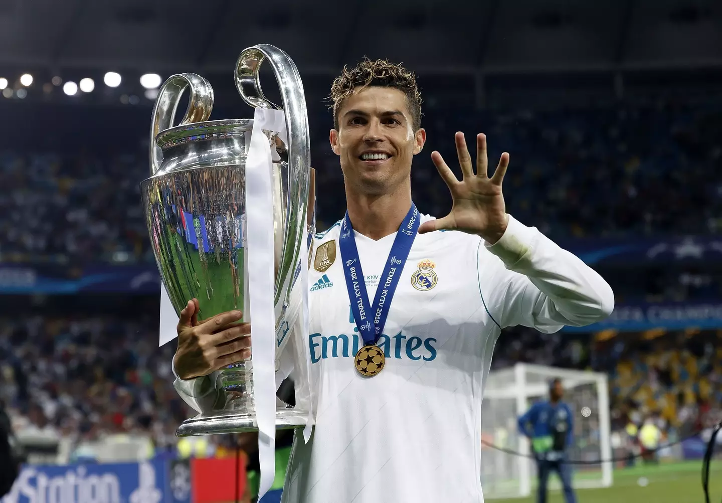 Cristiano Ronaldo celebrates winning the Champions League for a fifth time. Image: Getty