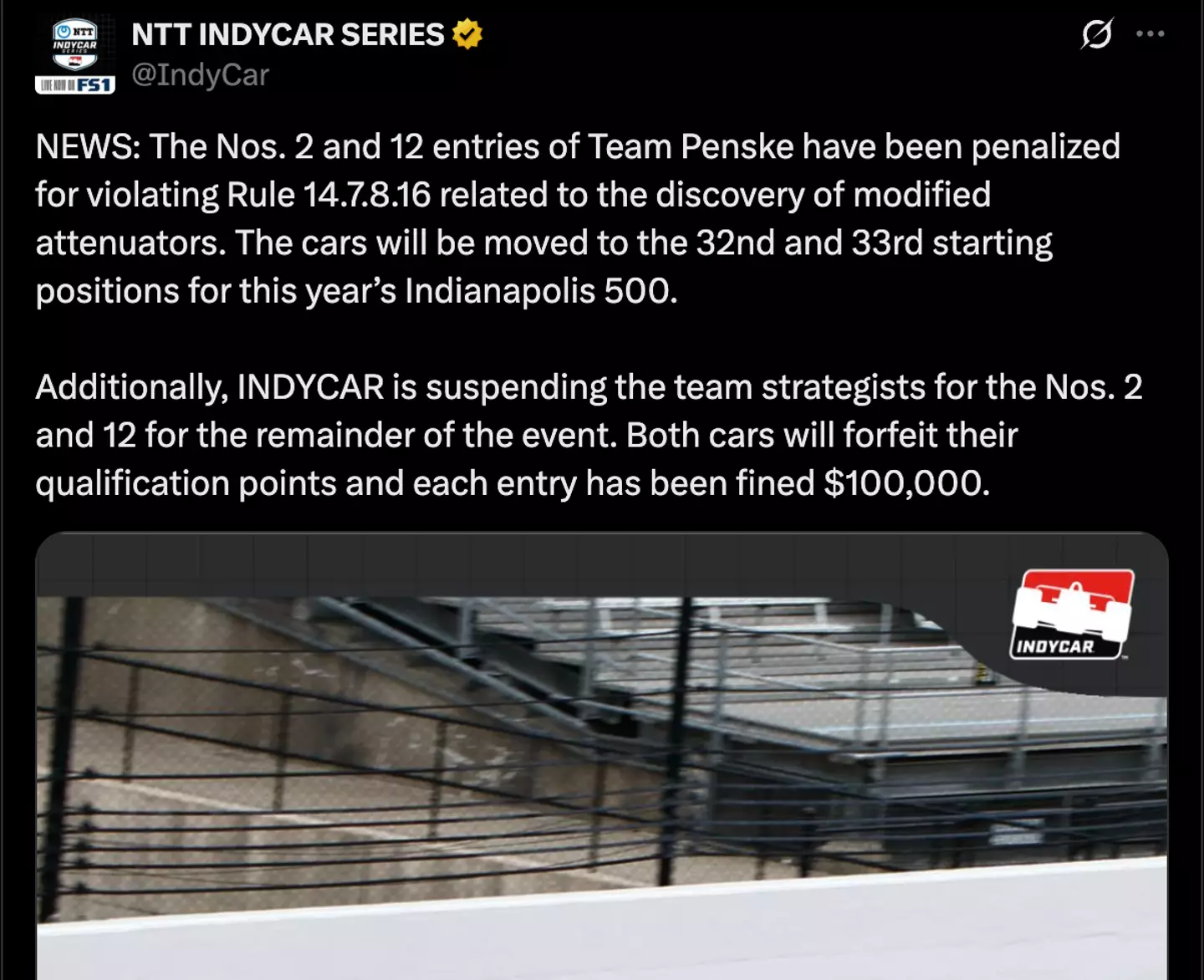 IndyCar's official statement on the entries of Josef Newgarden and Will Power (Image: Twitter/@IndyCar)