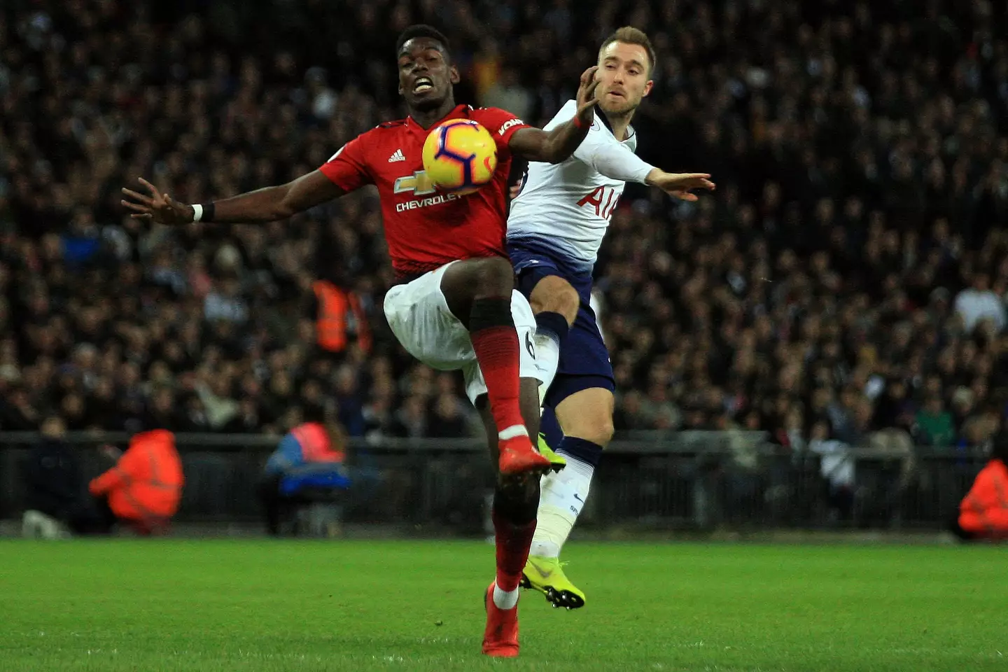 Paul Pogba and Christian Eriksen do battle in January 2019. (Alamy)