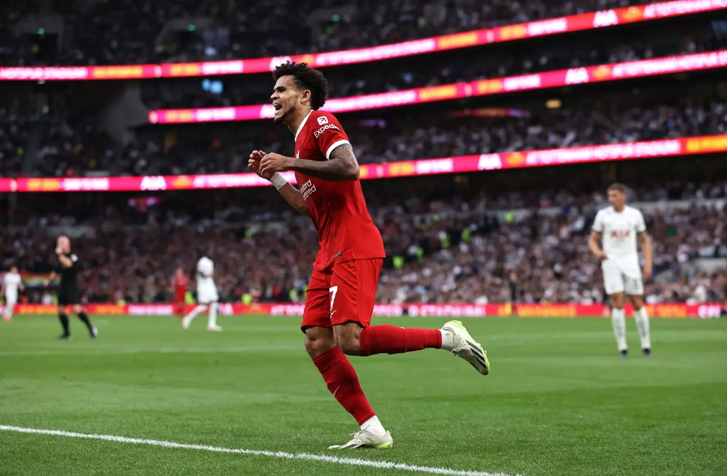 Luis Diaz reacts after his goal is ruled out for offside. Image: Getty