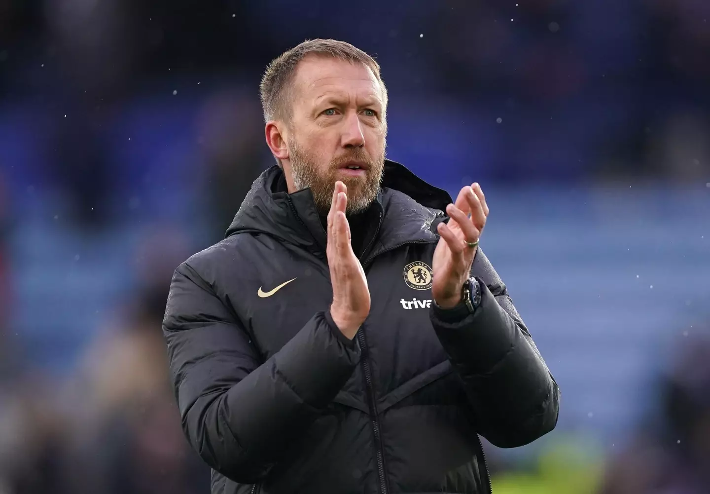 Graham Potter applauds the Chelsea fans at the King Power Stadium. Image: Alamy