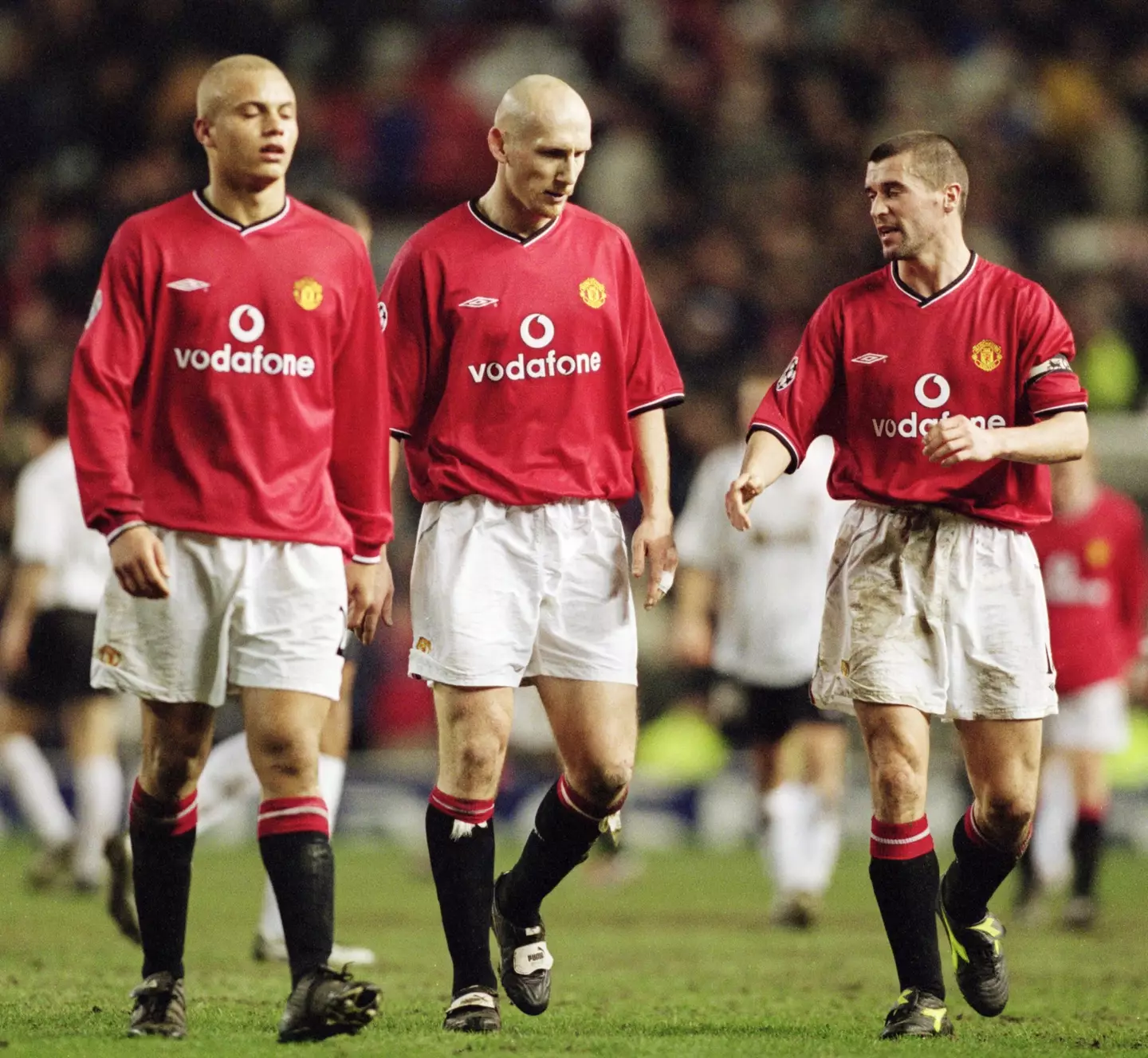 Wes Brown with Jaap Stam and Roy Keane. Image: Getty
