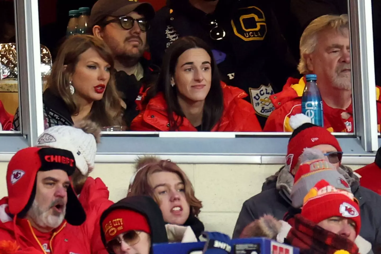 Taylor Swift and Caitlin Clark watch on during Houston Texans vs Kansas City Chiefs. Image credit: Getty