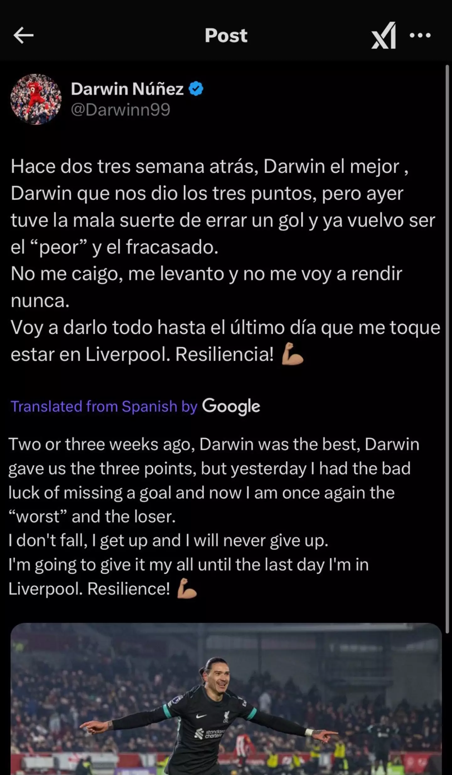Darwin Nunez deleted his initial reaction to the match just two minutes after posting it. (Image: X)