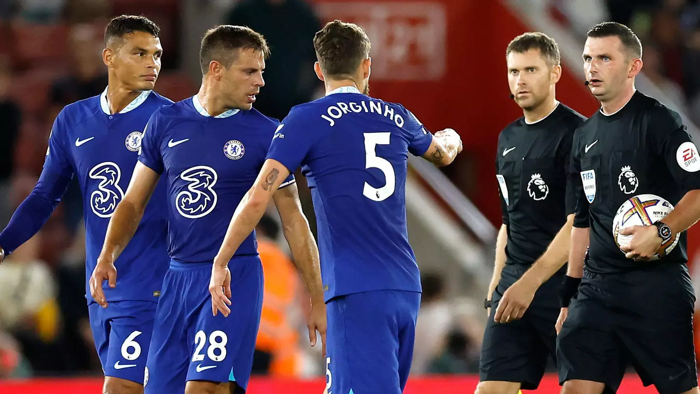 Jorginho unhappy with the referee at half time vs Southampton. (Alamy)