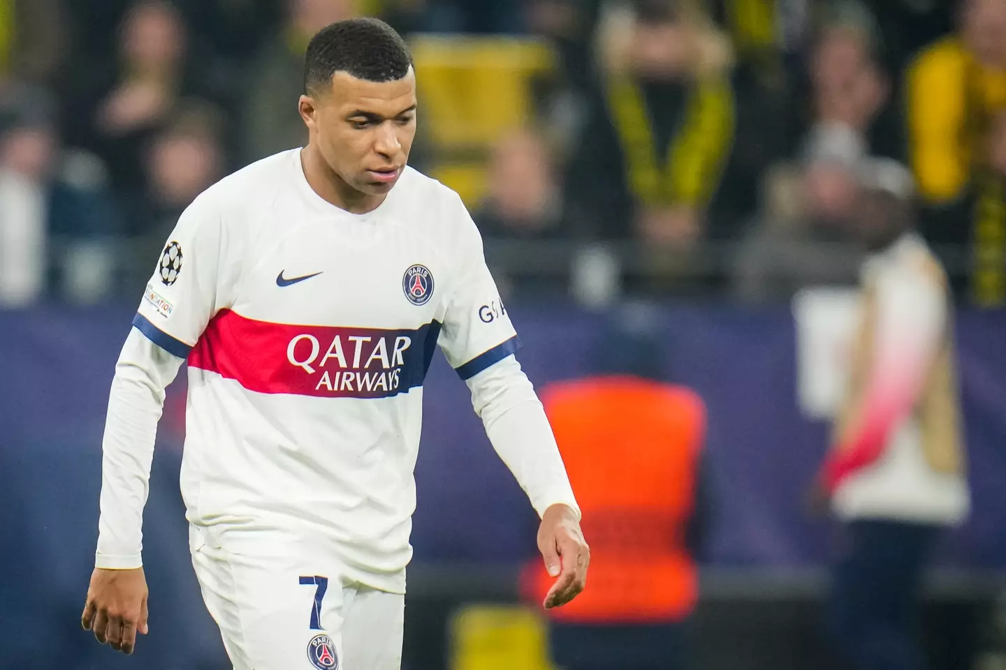 Kylian Mbappe cuts a dejected figure after Paris Saint-Germain's result. Image: Getty