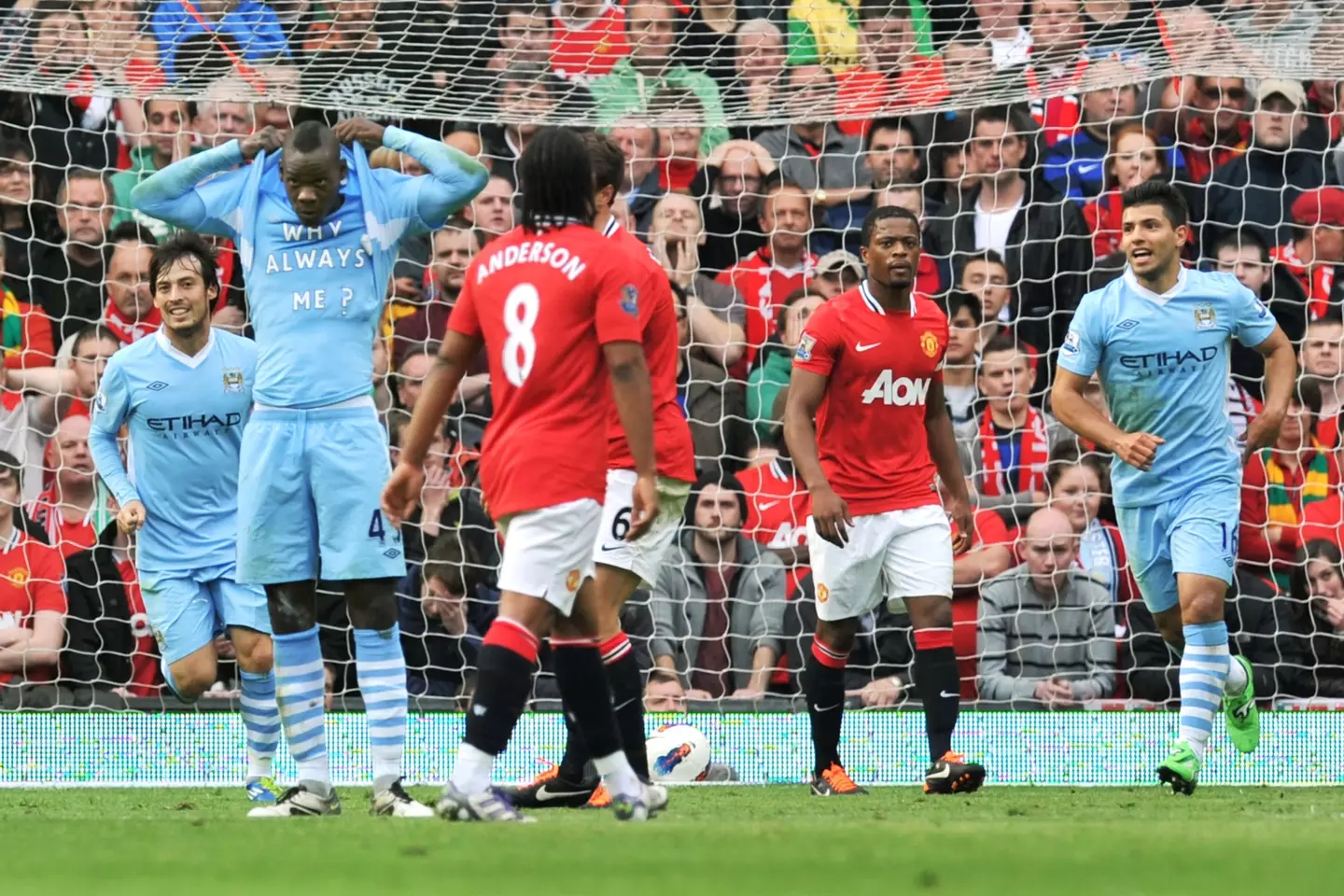 Balotelli's famous 'Why Always Me?' celebration against Manchester United (Image: Alamy)