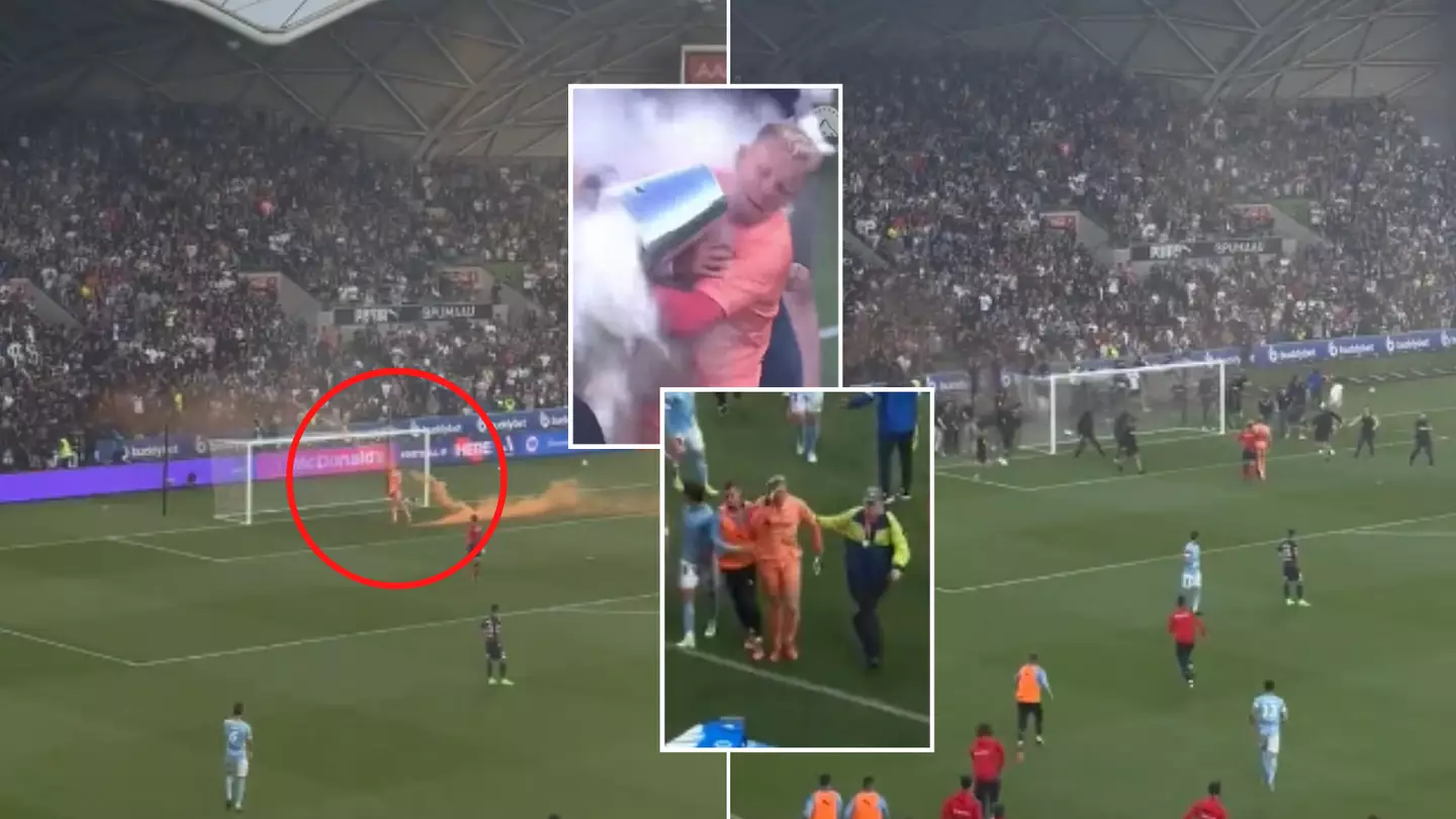 Melbourne City goalkeeper throws flare back into crowd, gets smashed in the face with a bin