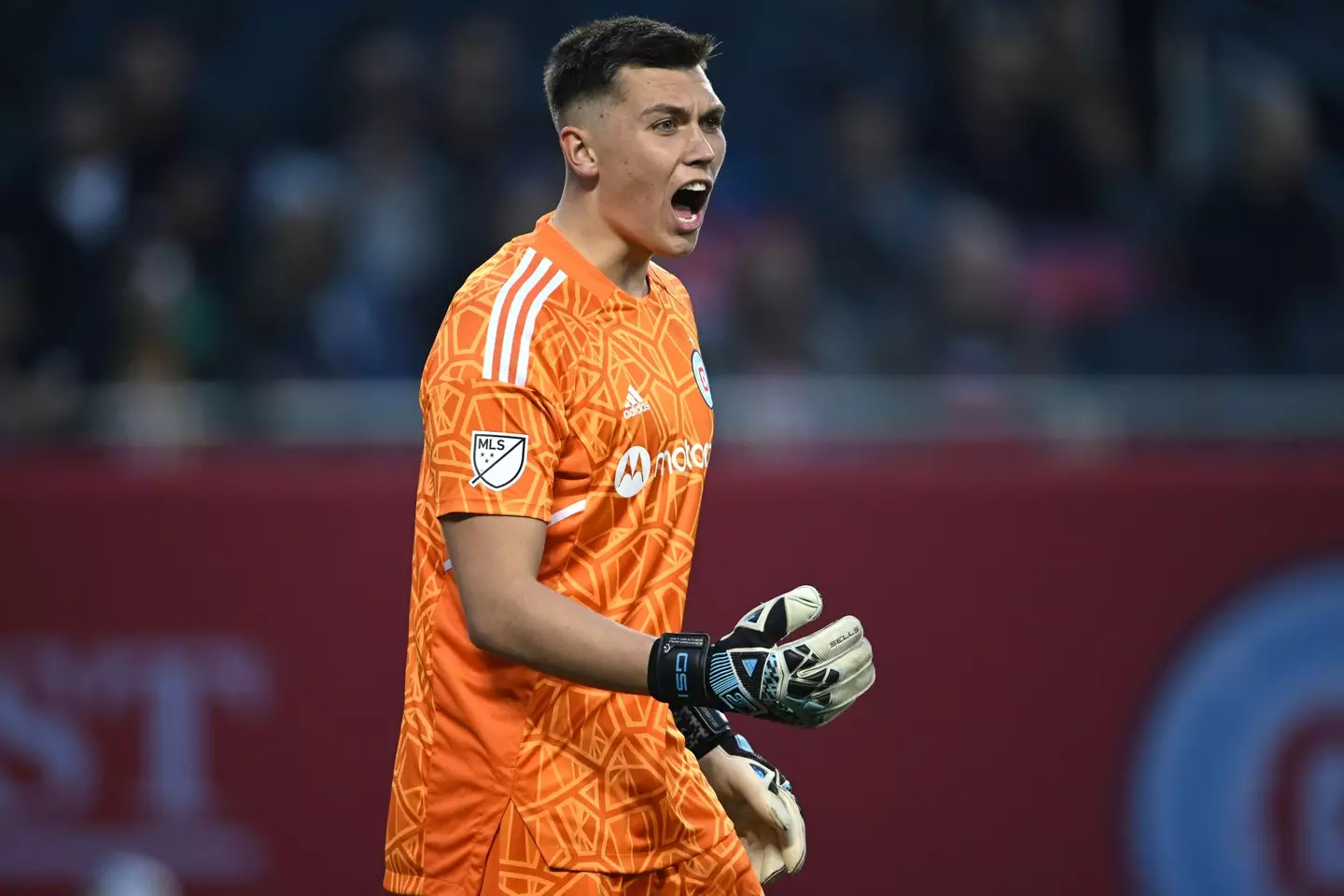 Chicago Fire goalkeeper Gabriel Slonina (1) reacts to a play in action during a game between the Chicago Fire and the New York Red Bulls. (Alamy)