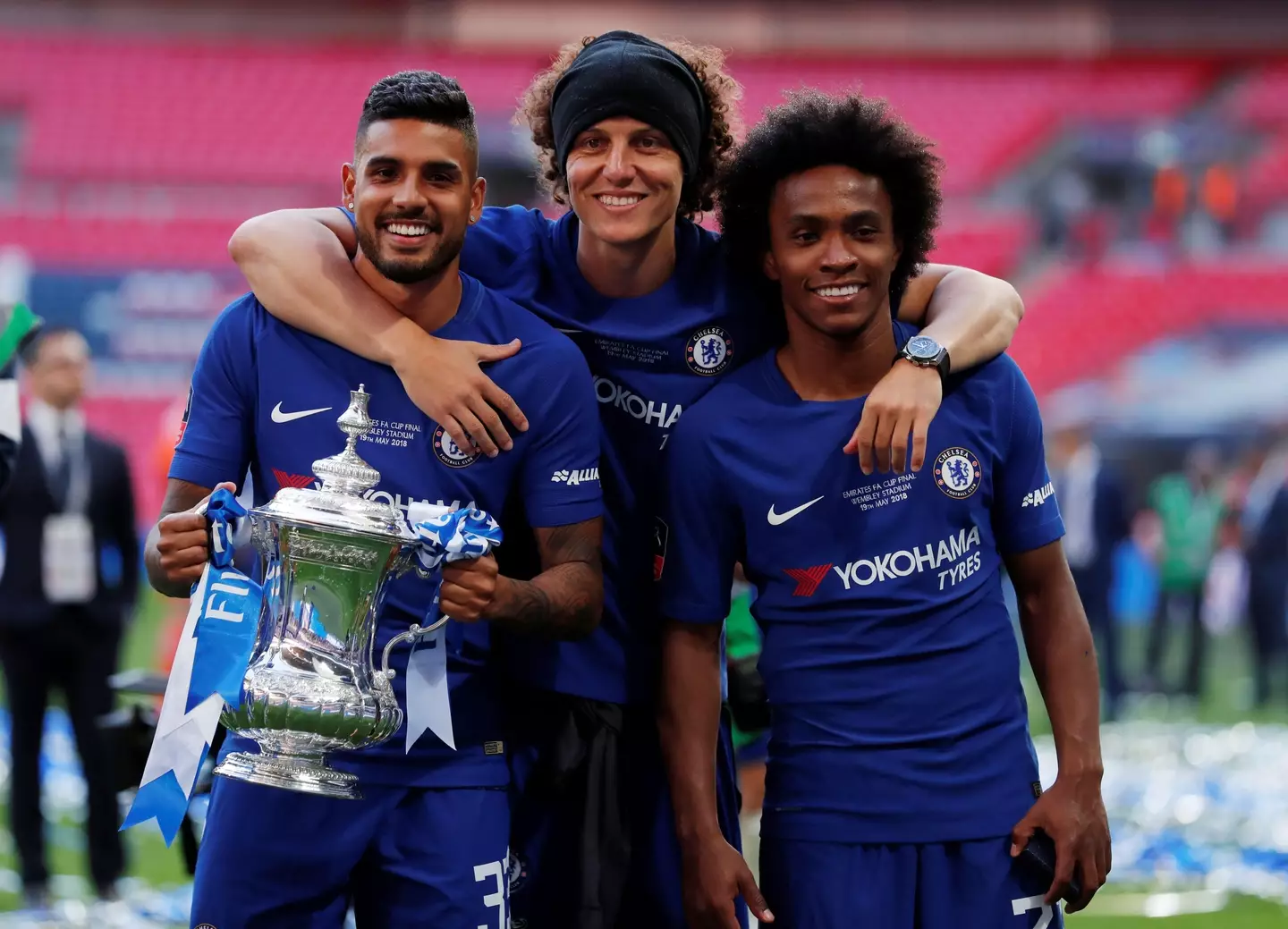 Chelsea's David Luiz, Willian and Emerson Palmieri celebrate winning the FA Cup final. (Alamy)