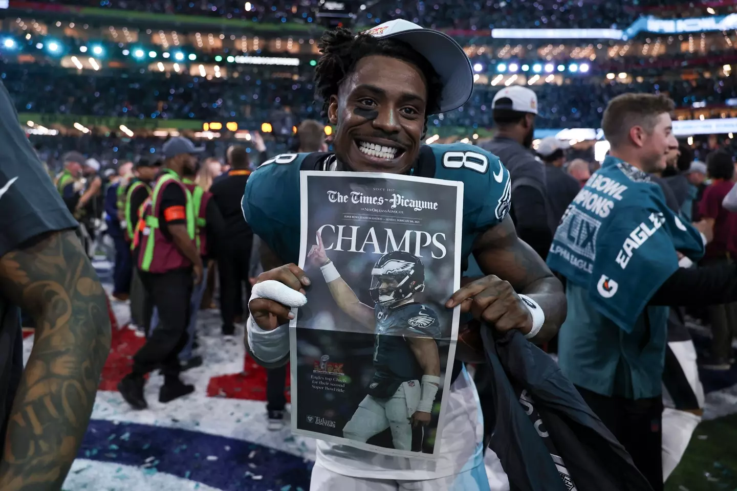 CJ Gardner-Johnson after the Eagles clinched Super Bowl glory. Image: Getty