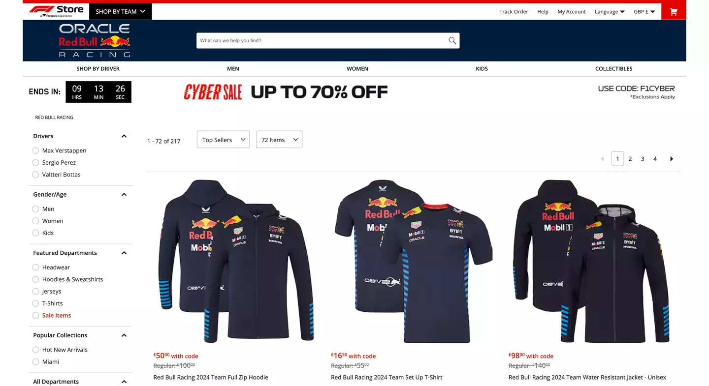 Valterri Bottas is currently listed as a Red Bull Racing driver on the F1 Store website. (Image: F1 Official Store)