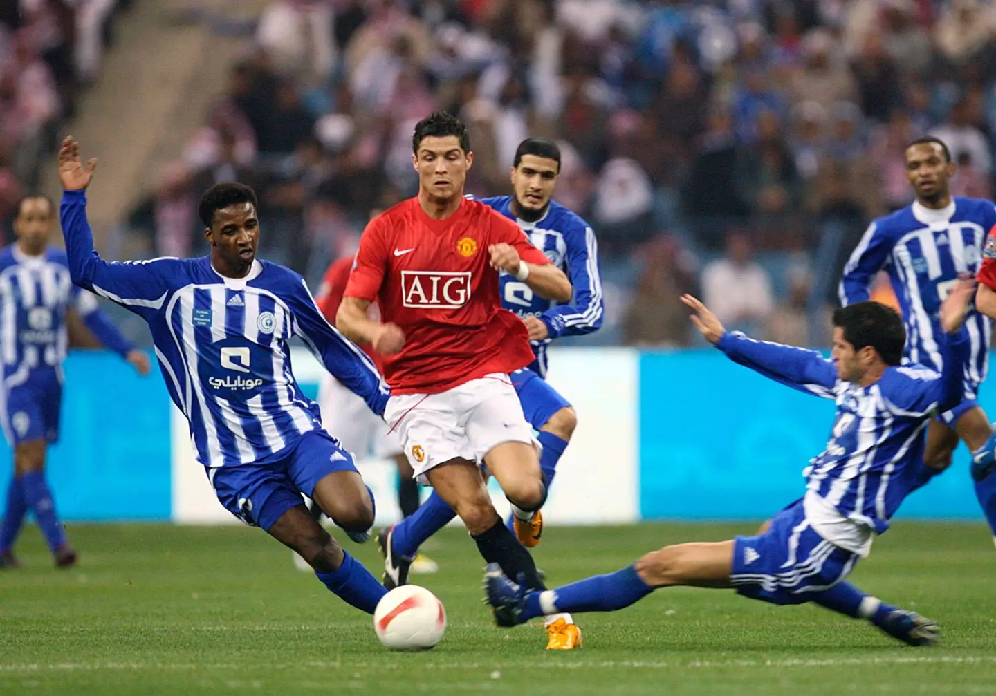 Ronaldo takes on Al Hilal defenders. Image: Alamy