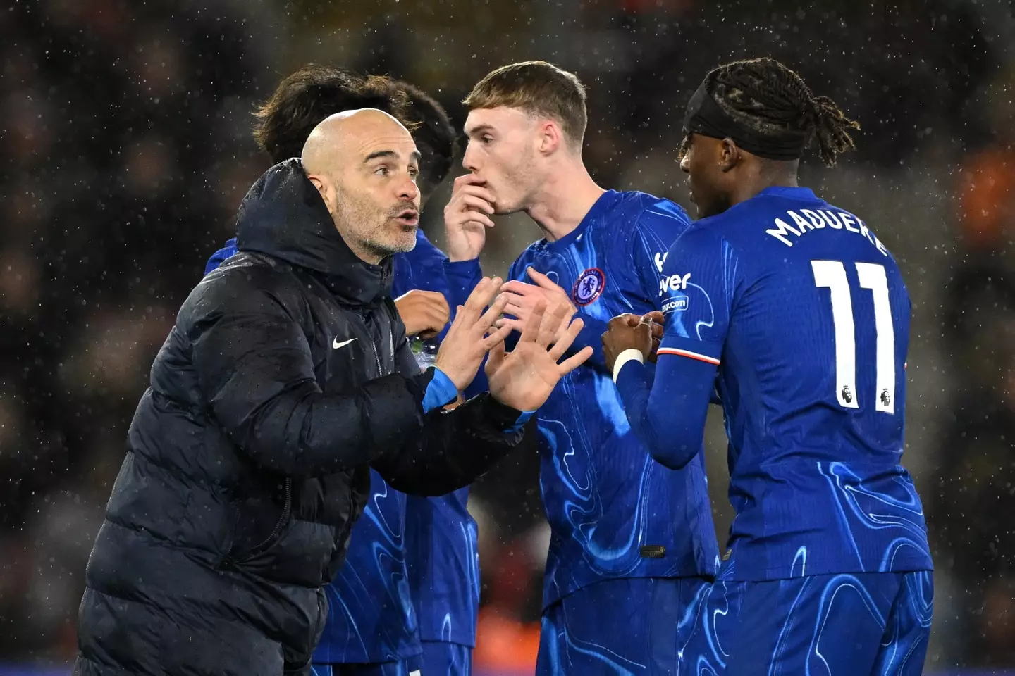 Maresca speaks to Madueke during the Premier League clash against Southampton. Image credit: Getty