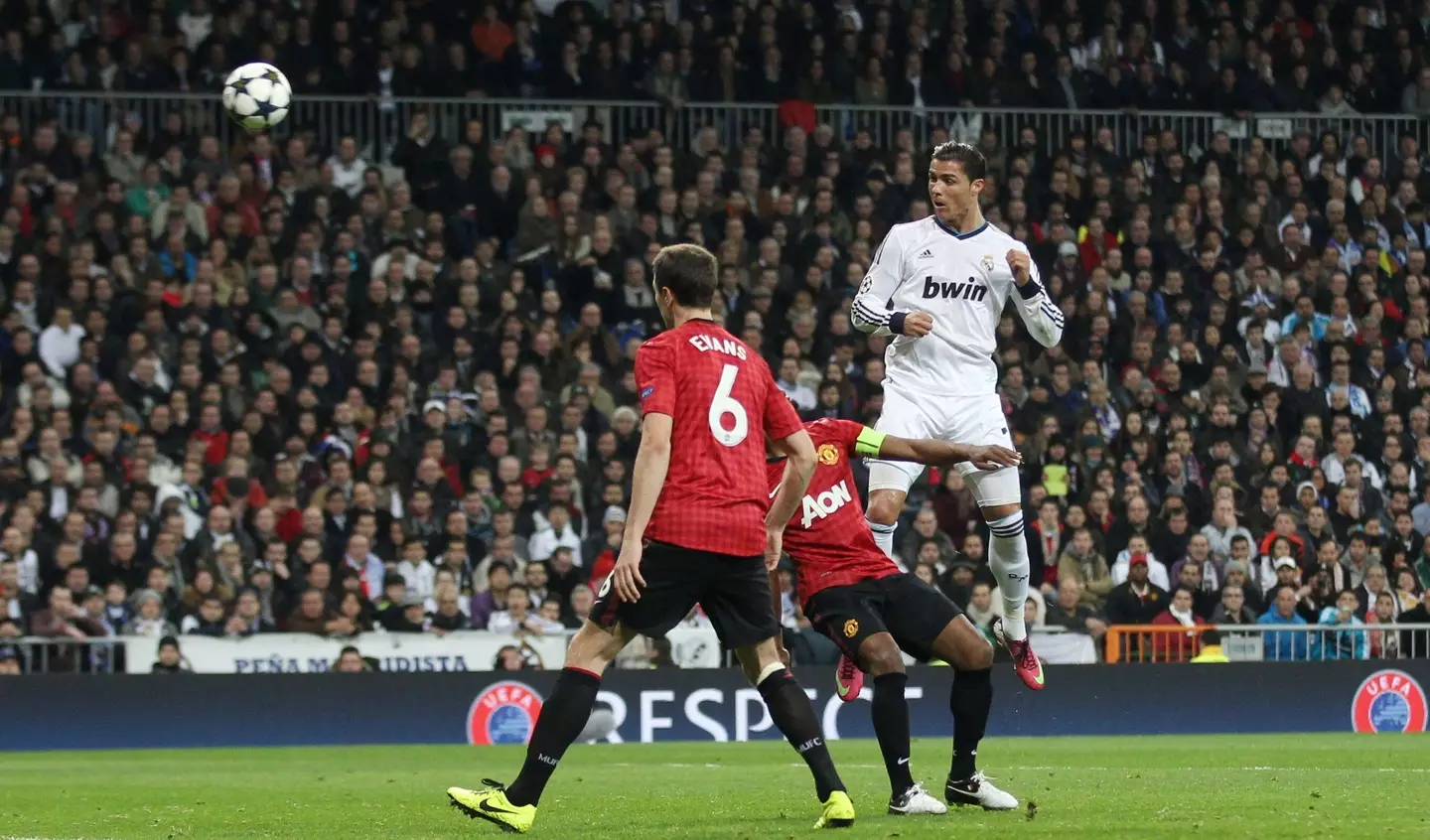 Ronaldo heads home his goal, that is now adorned on his watch collection. Image: Alamy