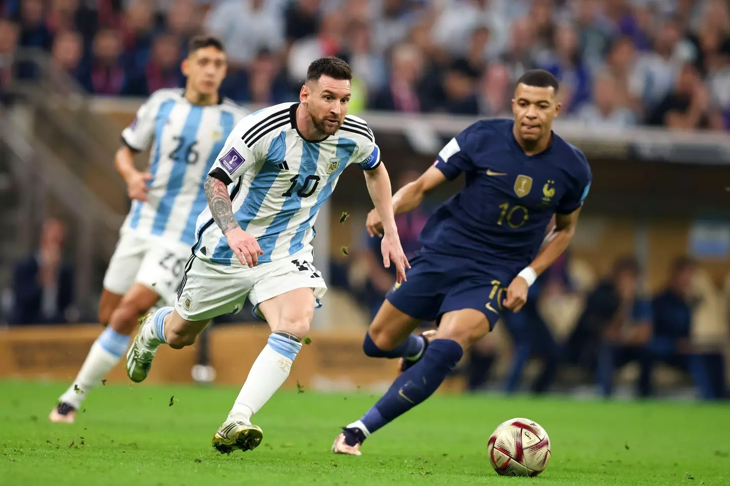 Lionel Messi and Kylian Mbappe in action during the World Cup final. Image: Alamy 