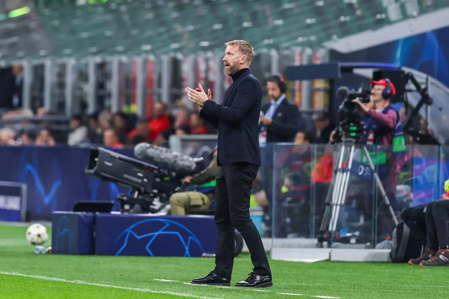 Graham Potter reacting during Chelsea's Champions League clash with AC Milan.
