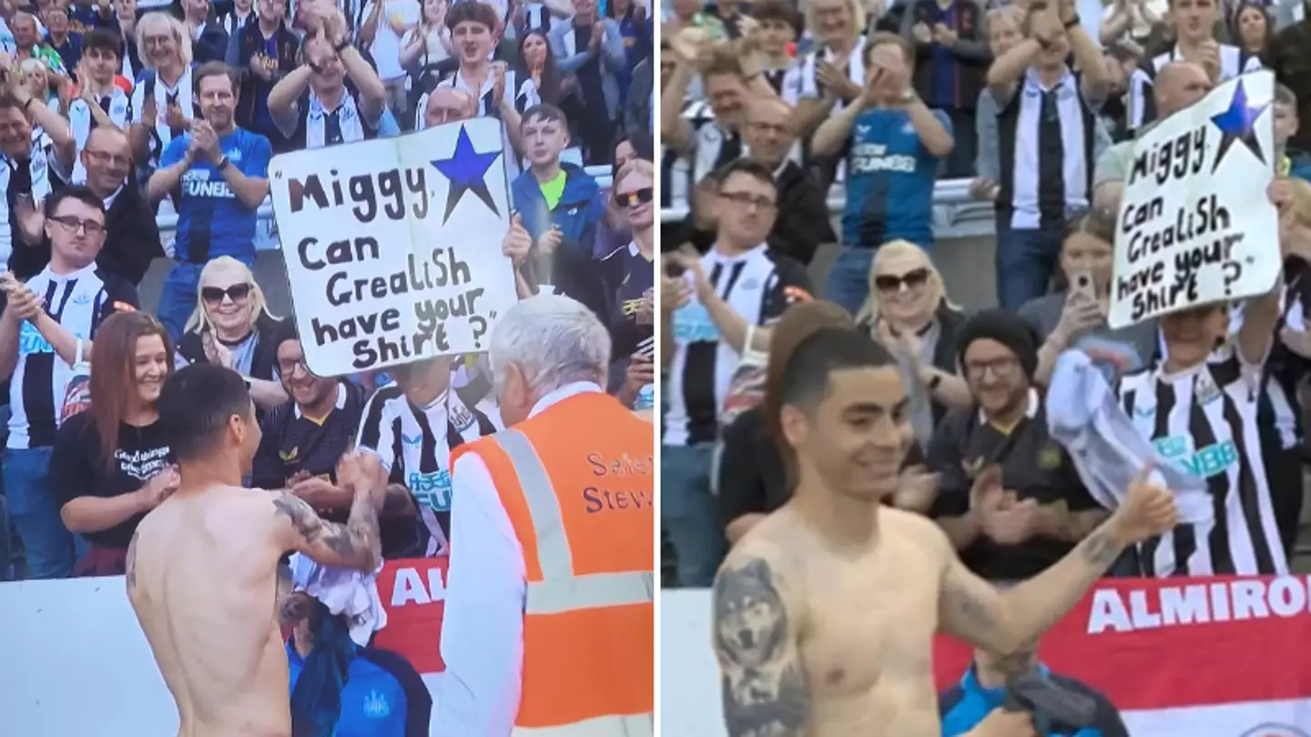 Miguel Almiron gave his shirt to a fan holding a Jack Grealish sign after scoring in 3-3 draw with Man City