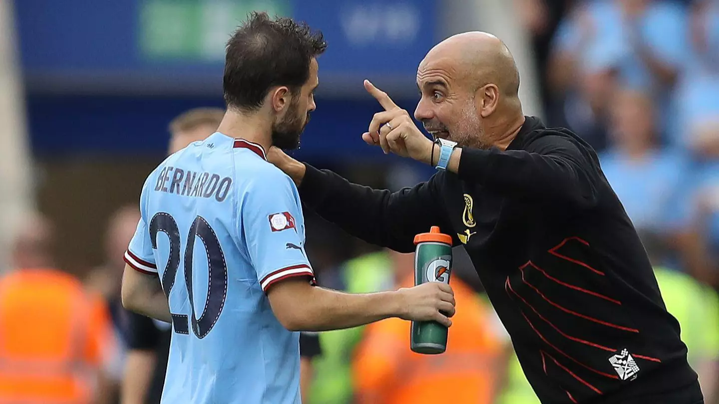 Pep Guardiola provides instructions to Bernardo Silva. (Sportimage / Alamy)