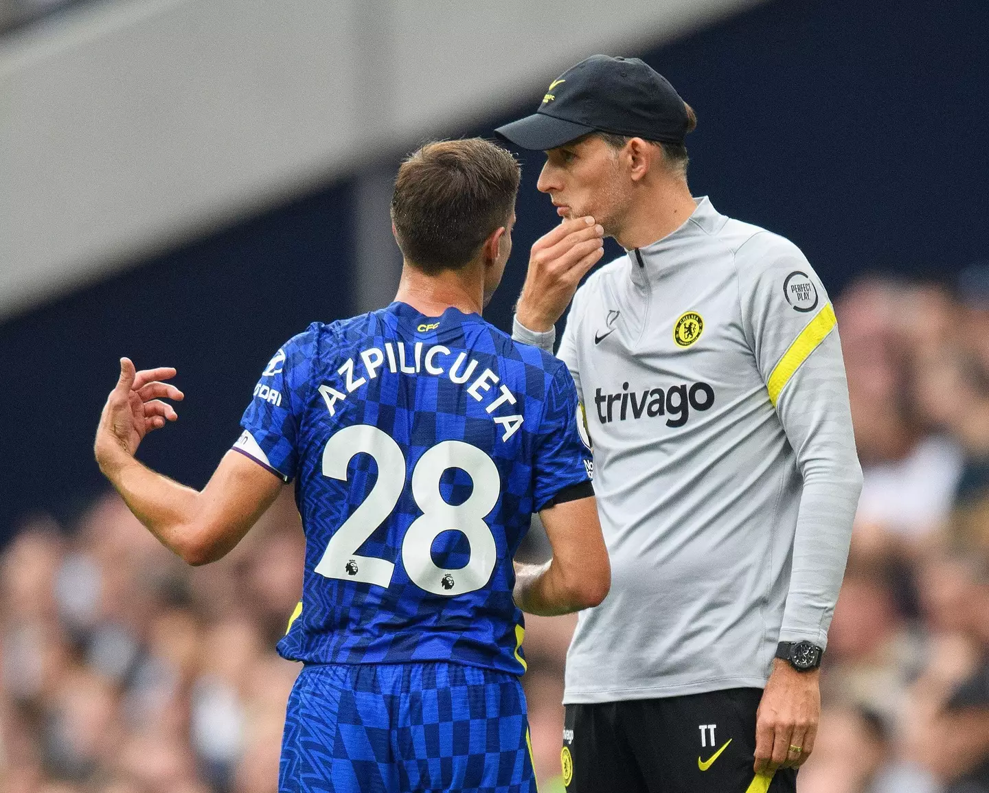 Chelsea boss Thomas Tuchel in talks with Cesar Azpilicueta. (Alamy)